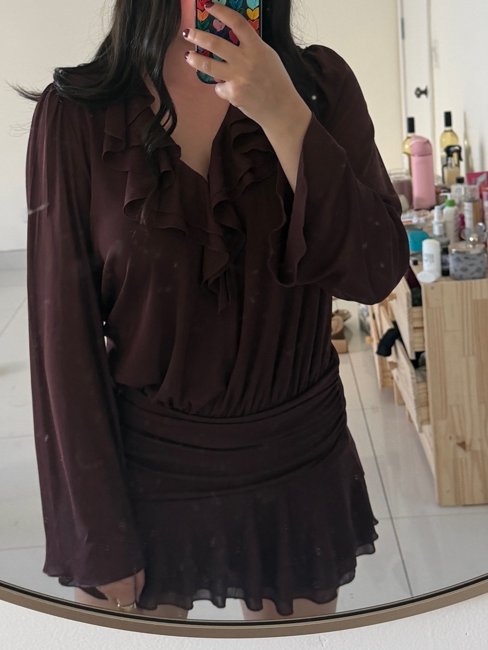 Zara Ruffled V-Neck Long Sleeve Mini Dress in Deep Brown